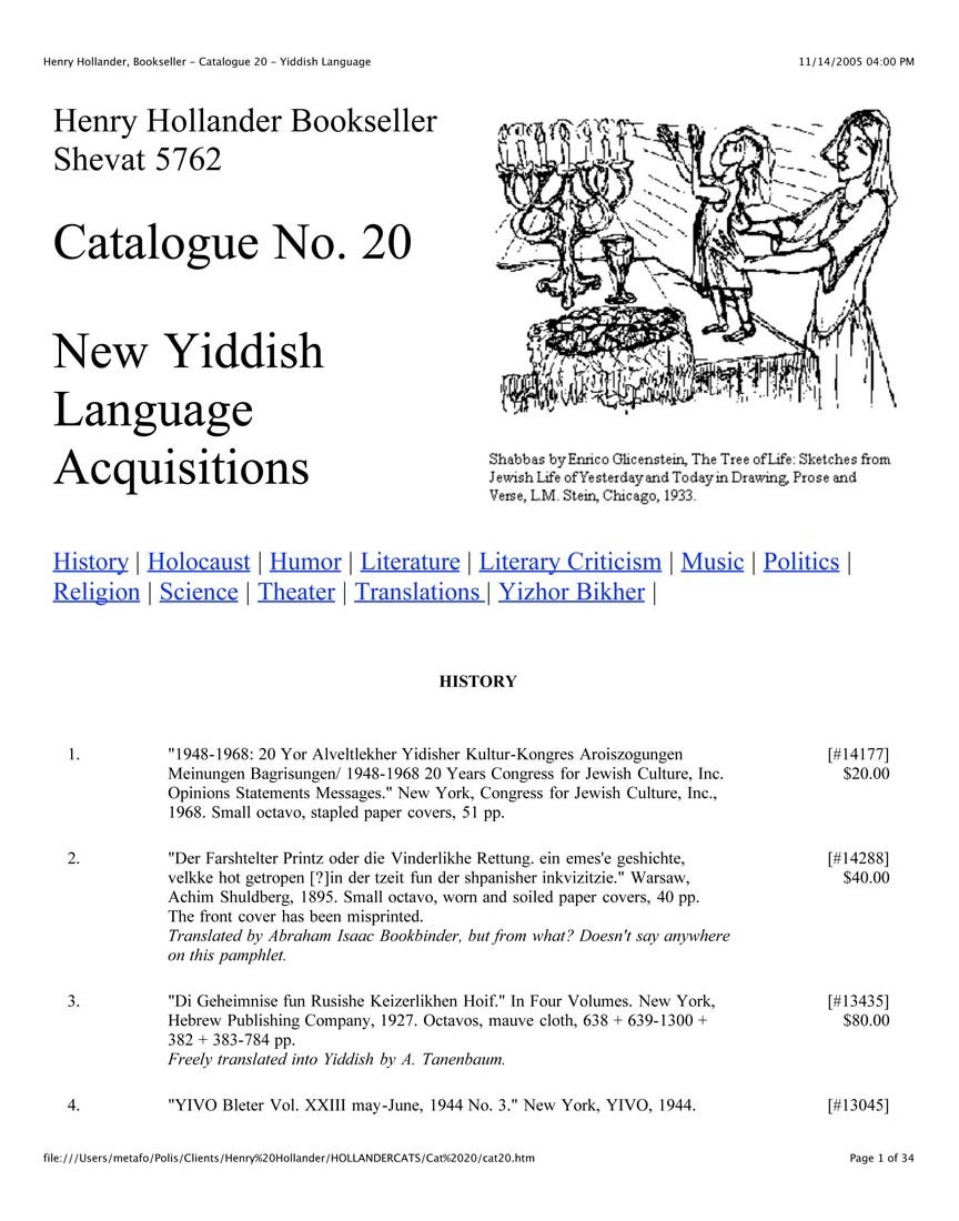 Catalogue No. 20 Recent Yiddish Language Acquisitions