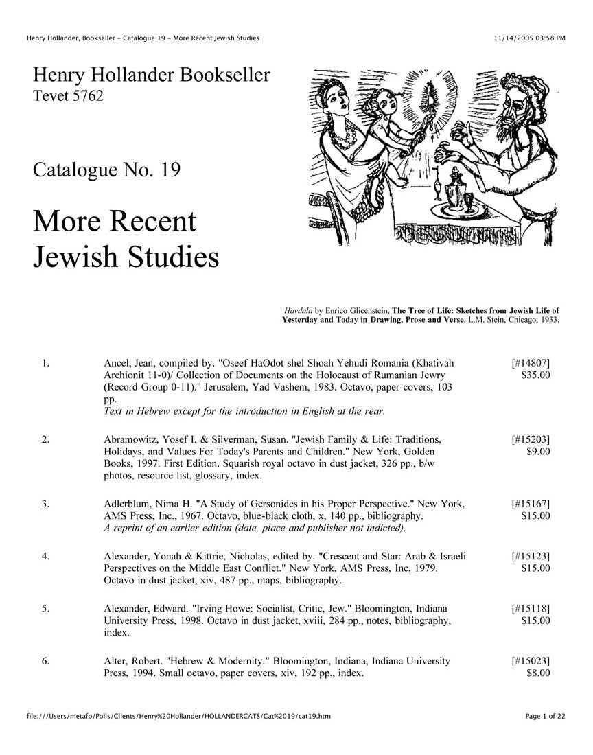 Catalogue No. 19 More Recent Jewish Studies