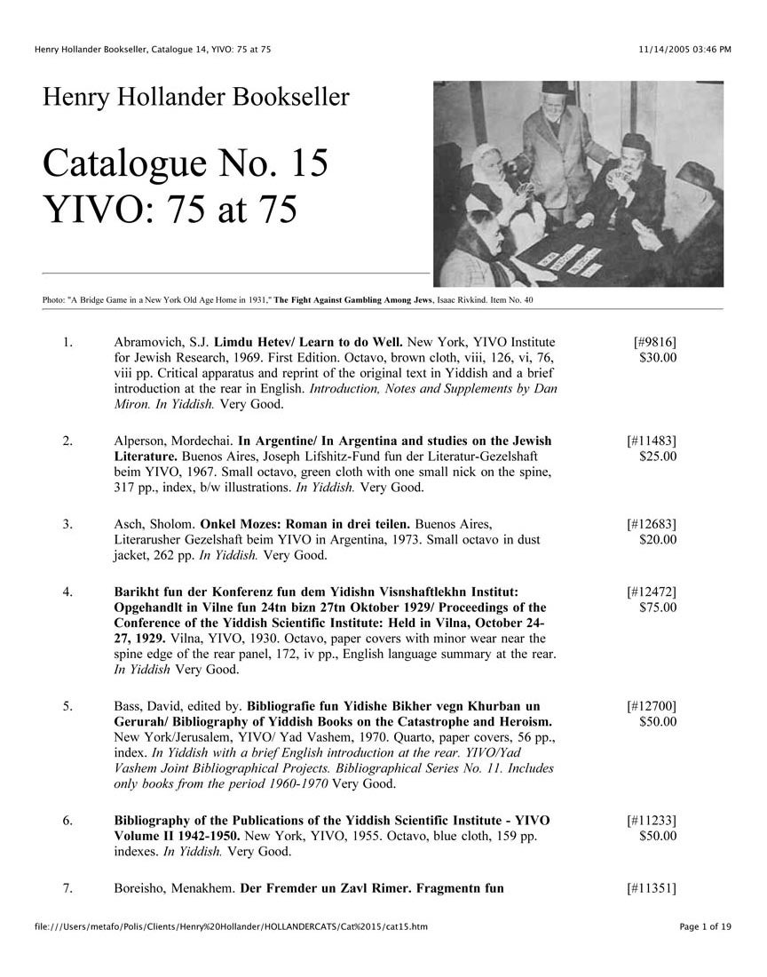 Catalogue No. 15 YIVO - 75 at 75