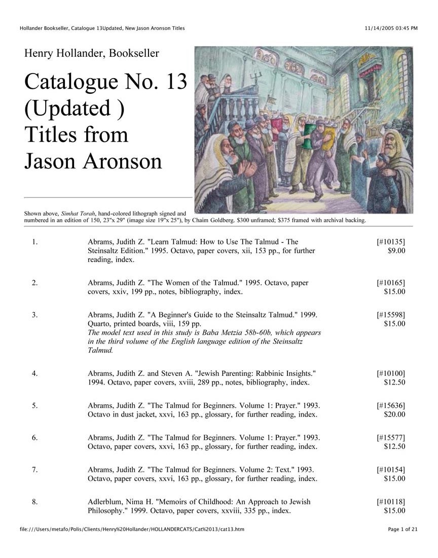Catalogue No. 13 Aronson Titles (Updated Spring 2002)