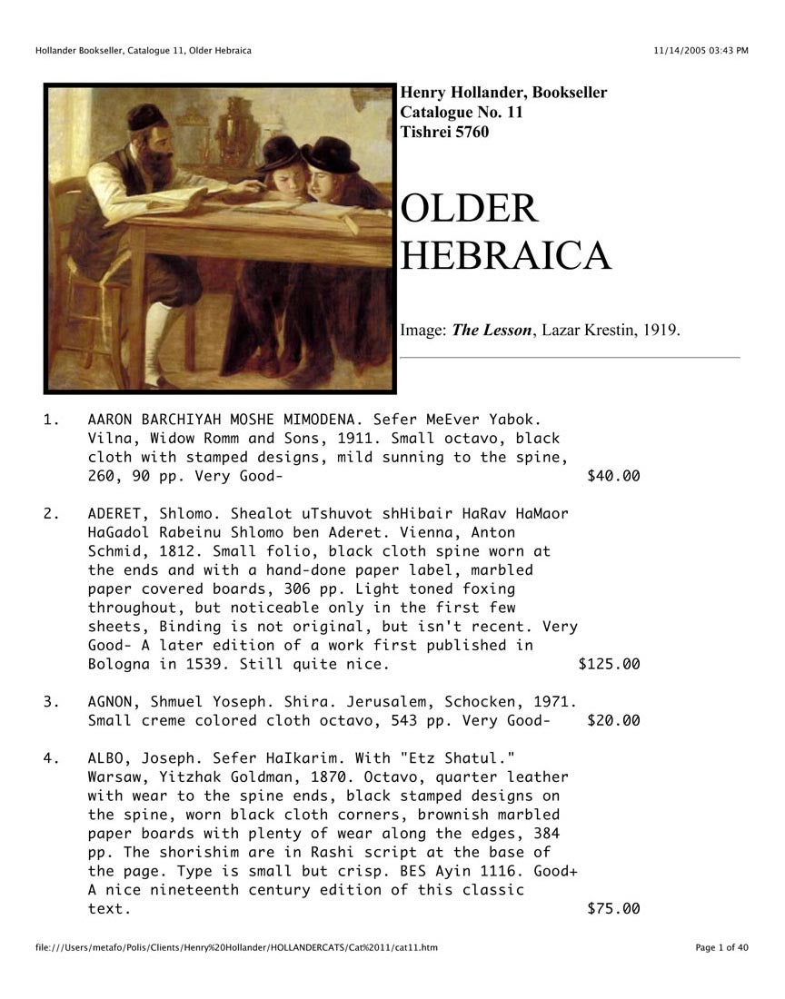 Catalogue No. 11 Older Hebraica