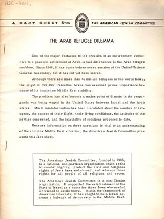 Item #104819 The Arab Refugee Dilemma. A Fact Sheet from The American Jewish Committee