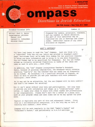 Compass: Directions in Jewish Education. A Newsletter, November-December, 1970, Number 12. Jack D. Spiro.