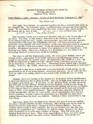 Item #105051 Sermon - 1st day of Rosh Hashanah, September 7,1964: "The Whole Jew." Philip L....