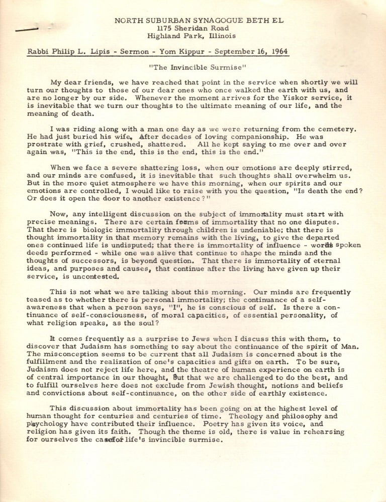 Item #105052 Sermon - 2nd day of Rosh Hashanah, September 8,1964: "The Healed Society.". Philip L. Lipis, Rabbi.