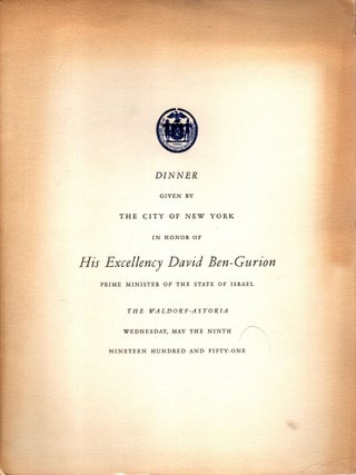 Item #105488 Dinner Given by The City of New York in Honor of His Excellency David Ben-Gurion,...