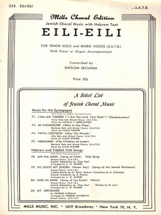 Eili-Eili: For Tenor Solo and Mixed Voice (S.A.T.B.) With Piano or Organ Accompaniment. Sholom Secunda, music by.