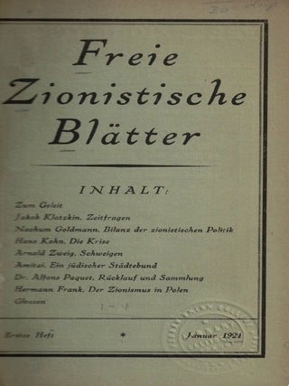 Item #108011 Freie Zionistische Bl&auml;tter. Ertstes Heft, Januar 1921, Zweites Heft, April, 1921,...
