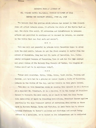 Item #108718 Excerpts from an Address by Mr. Mohamed Fadhil El-Jamali, Foreign Minister of Iraq...