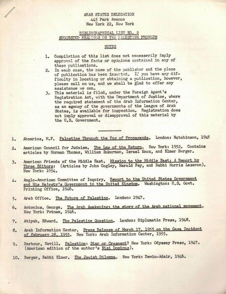 Item #108735 Bibliographical List No. 2 Suggested Readings on the Palestine Problem.
