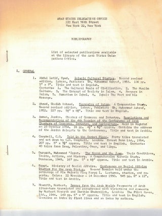 Item #108767 Bibliography. List of selected publications available at the Library of the Arab...