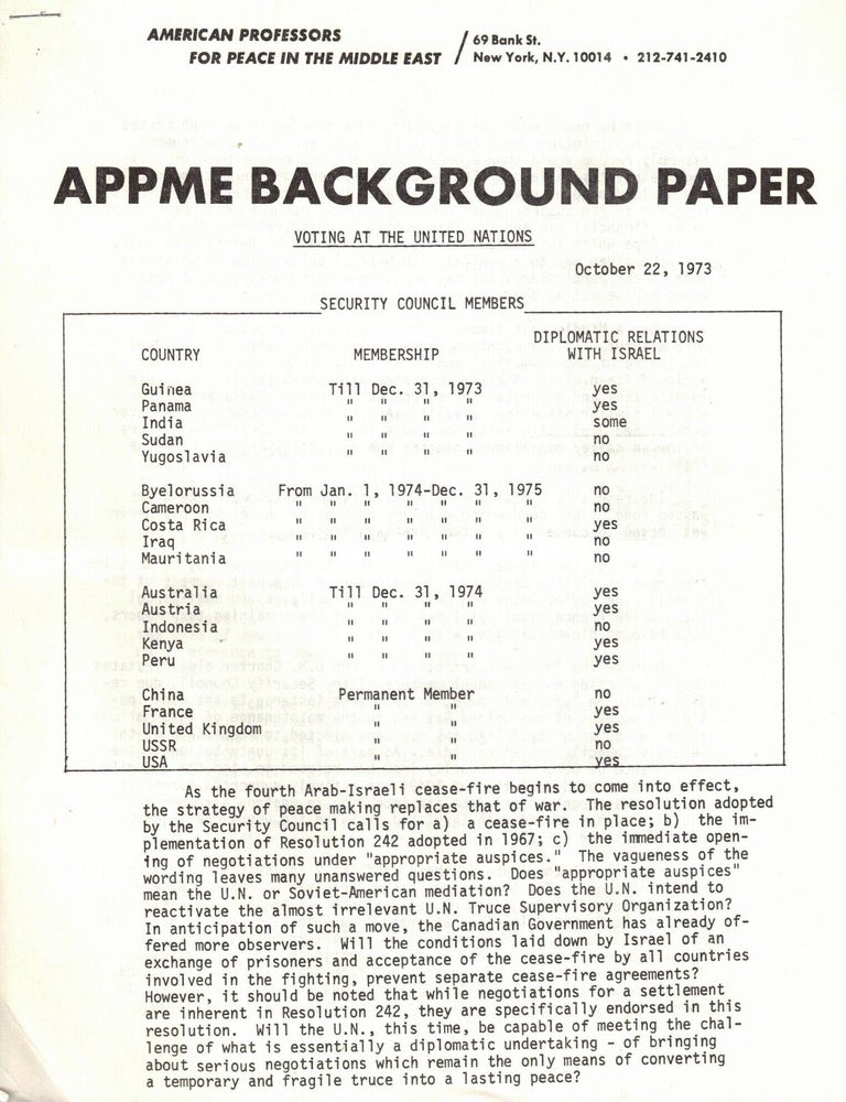 Item #108777 APPME Background Paper: Voting at the United Nations, October 22, 1973.