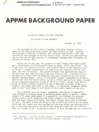 Item #108779 APPME Background Paper: A View of Israeli Military Strategy. Heymont Irving