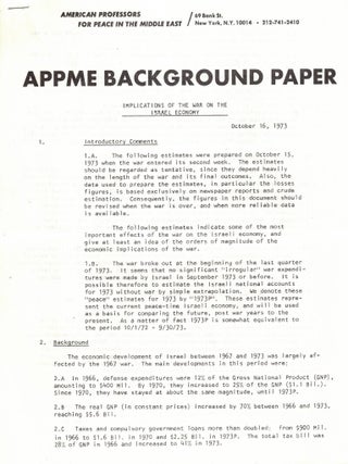 APPME Background Paper: Implications of the War on the Israeli Economy, October 16, 1973. Julius Stone.