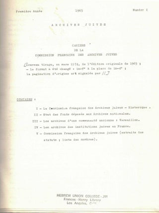 Item #108793 Archives Juive. Cahiers de la Commission Francais des Archives Juives. Premiere...