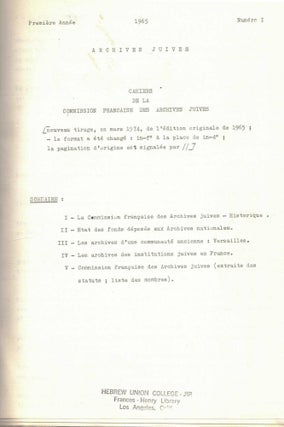 Item #108793 Archives Juive. Cahiers de la Commission Francais des Archives Juives. Premiere...
