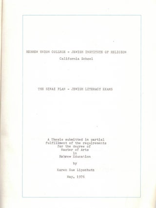 The Sinai Plan - Jewish Literacy Exams. A Thesis submitted in partial fulfillment of the...