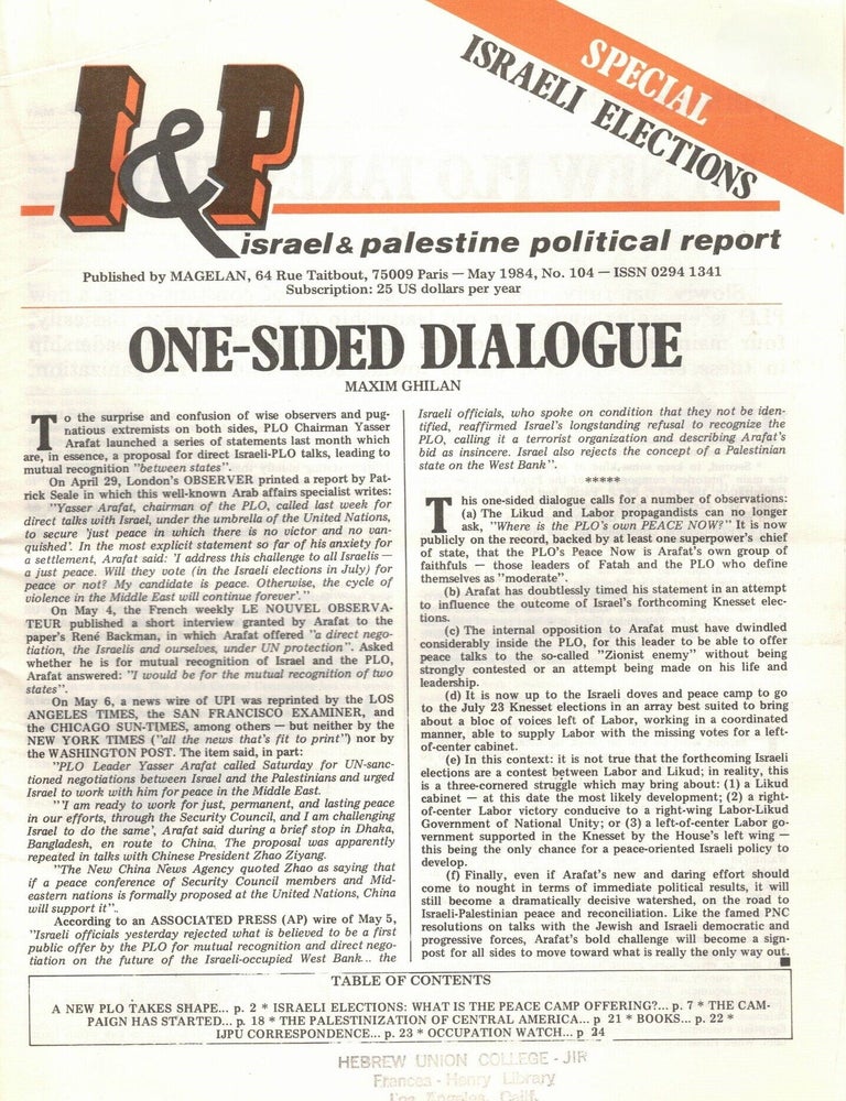Item #109983 Israel & Palestine Monthly Review. No. 104, May, 1984. Maxim Ghilan.