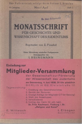 Item #70406 Monatsschrift für Geschichte und Wissenschaft des Judentums. Organ der Gesellschaft...