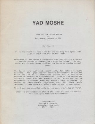 Item #82596 Yad Moshe: Index to the Igros Moshe of Rav Moshe Feinstein ZTL. Daniel Eidensohn