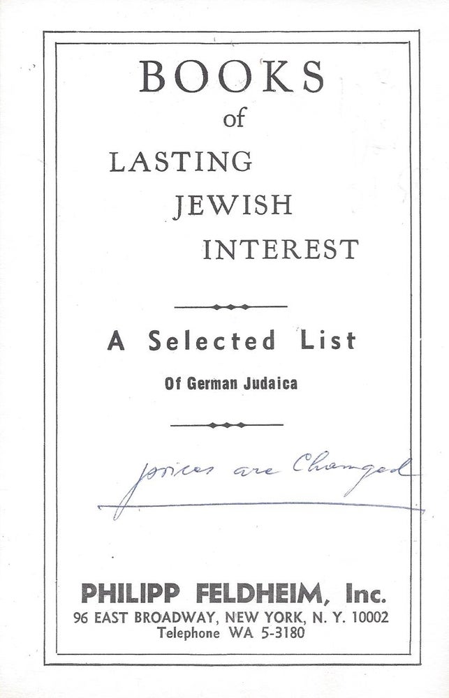 Item #87758 Books of Lasting Jewish Interested: A Selected List of German Judaica.