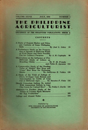 Item #88262 The Philippine Agriculturalist, Volume XXVII, July, 1938, Number 2. University of the...