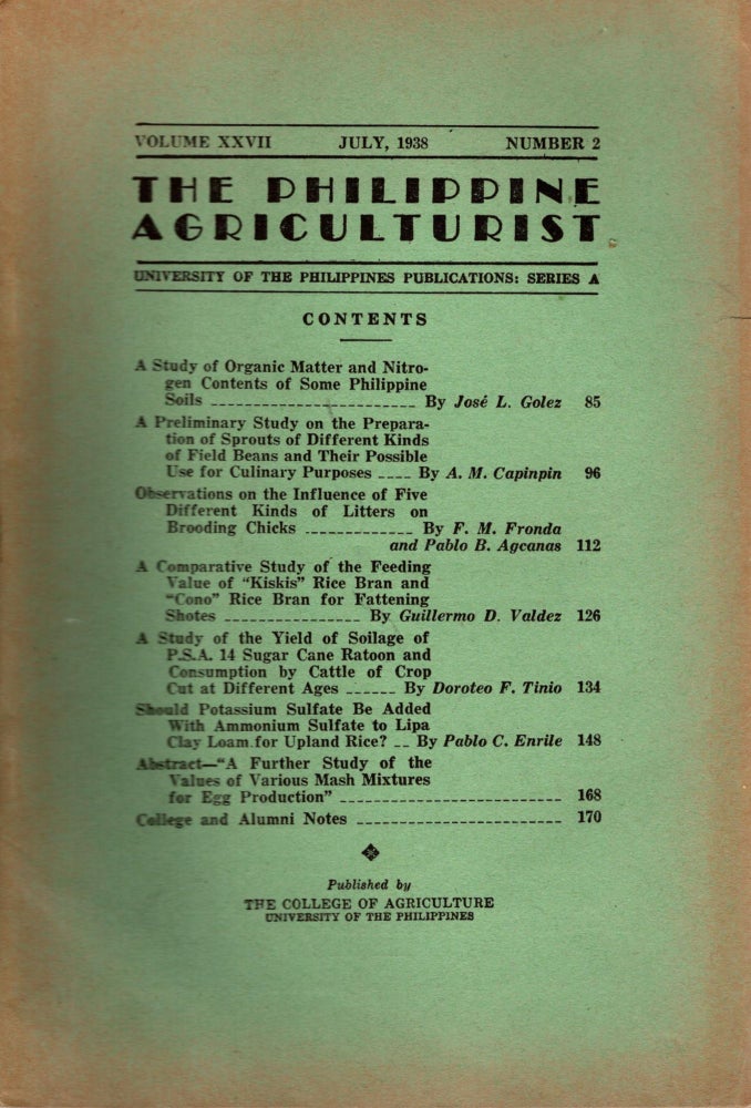 Item #88262 The Philippine Agriculturalist, Volume XXVII, July, 1938, Number 2. University of the Philippines Publications: Series A. B. M. Gonzalez.