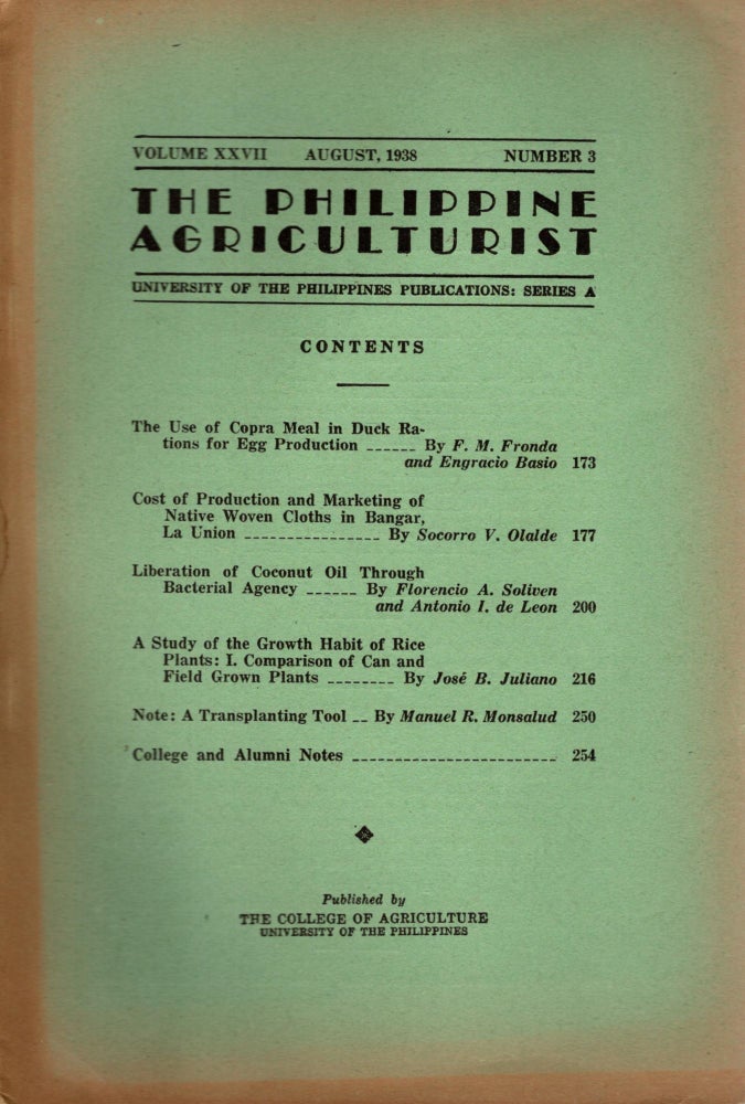 Item #88263 The Philippine Agriculturalist, Volume XXVII, August, 1938, Number 3. University of the Philippines Publications: Series A. B. M. Gonzalez.
