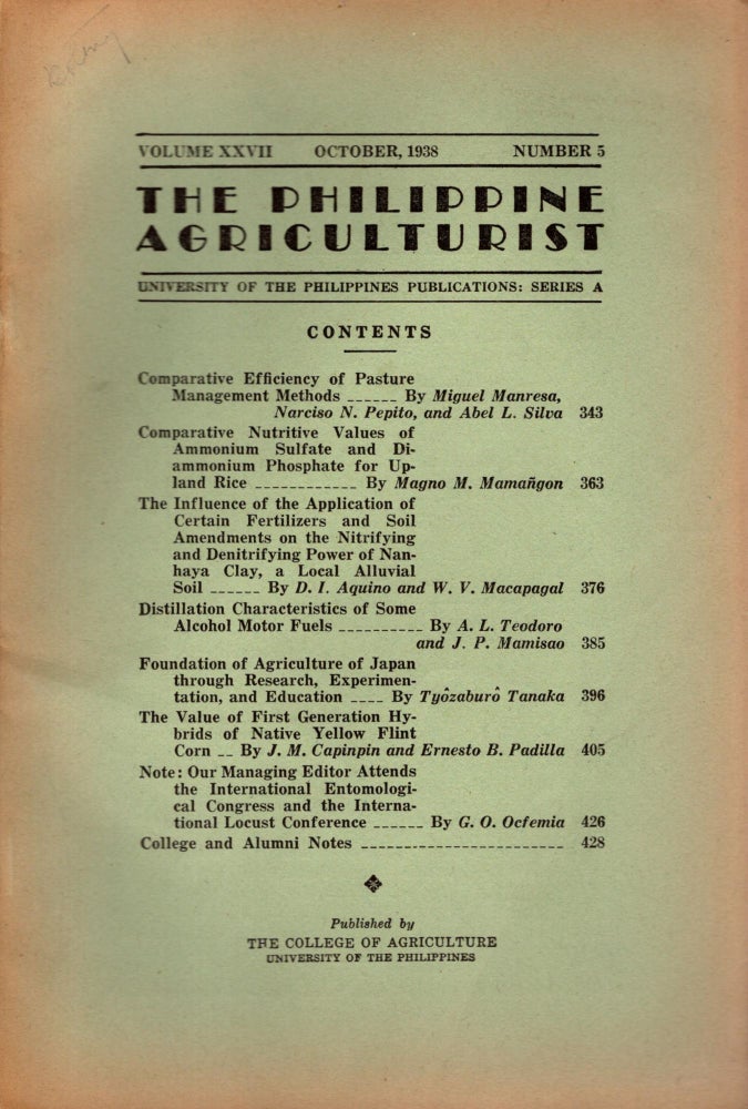 Item #88264 The Philippine Agriculturalist, Volume XXVII, October, 1938, Number 5. University of the Philippines Publications: Series A. B. M. Gonzalez.