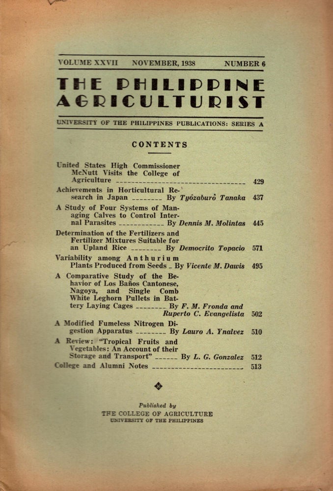 Item #88265 The Philippine Agriculturalist, Volume XXVII, November, 1938, Number 6. University of the Philippines Publications: Series A. B. M. Gonzalez.