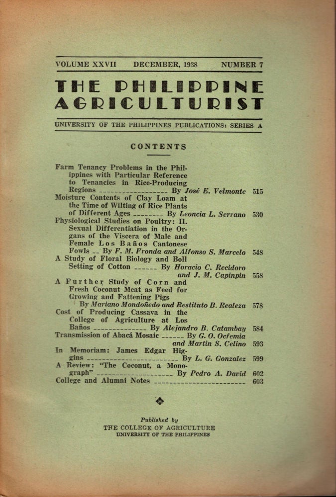 Item #88266 The Philippine Agriculturalist, Volume XXVII, December, 1938, Number 7. University of the Philippines Publications: Series A. B. M. Gonzalez.