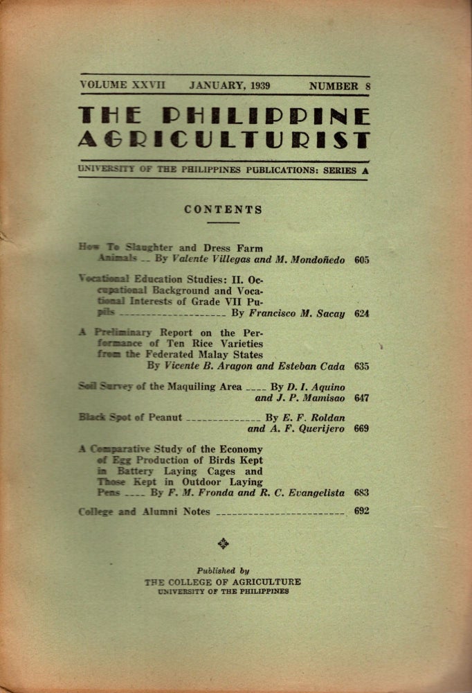 Item #88267 The Philippine Agriculturalist, Volume XXVII, January, 1939, Number 8. University of the Philippines Publications: Series A. B. M. Gonzalez.