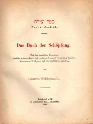 Item #92476 Sefer Yetsirah (Sepher Jesirah): Das Buch der Schöpfung. Nach den sämmtlichen...