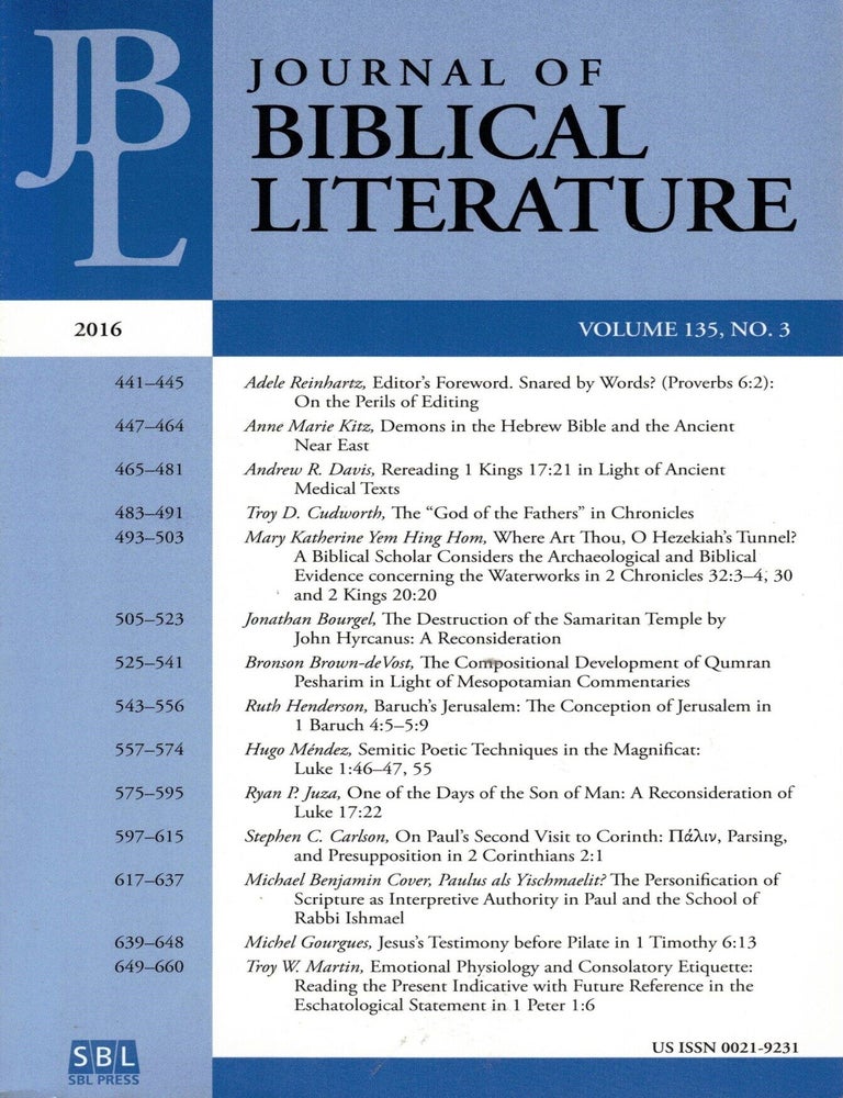 Item #92742 Journal of Biblical Literature, Volume 135, No. 3, 2016. Adele Reinhartz.